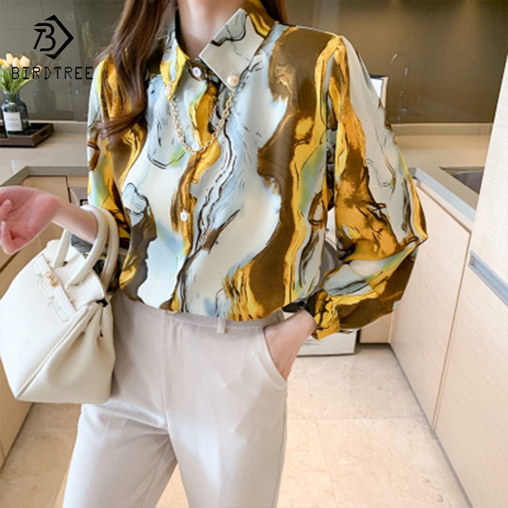 Fashion Ladies Long Lantern Sleeve Printed Shirts Elegant Casual Loose Blouses OL Chiffon Shirt Tops For Spring Autumn