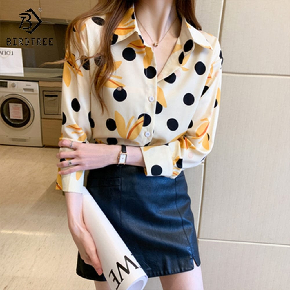 Fashion Ladies Long Sleeve Dot Printing Shirts Elegant Casual Loose Blouses Career Chiffon Shirt Tops For Spring Autumn