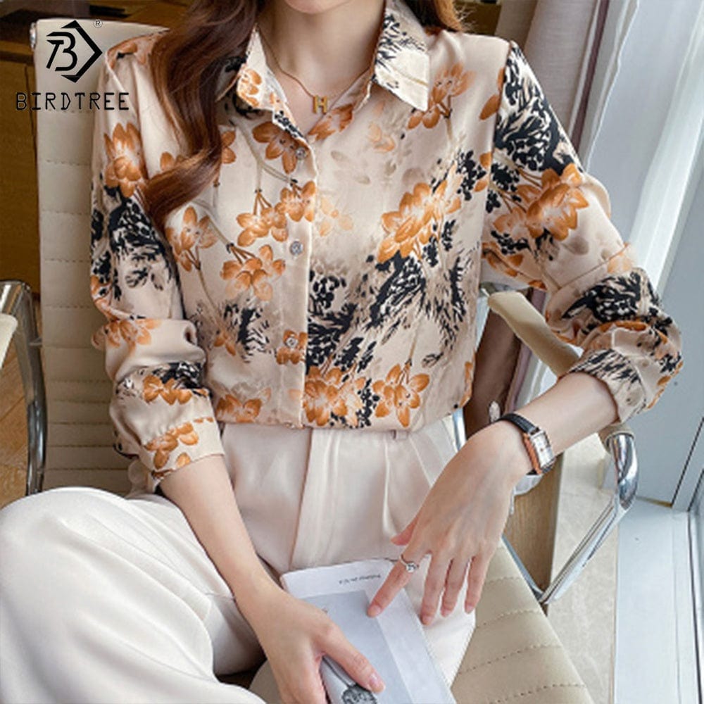 Fashion Ladies Long Sleeve Floral Printing Shirts Elegant Casual Blouses Office Chiffon Shirt Tops For Spring Autumn