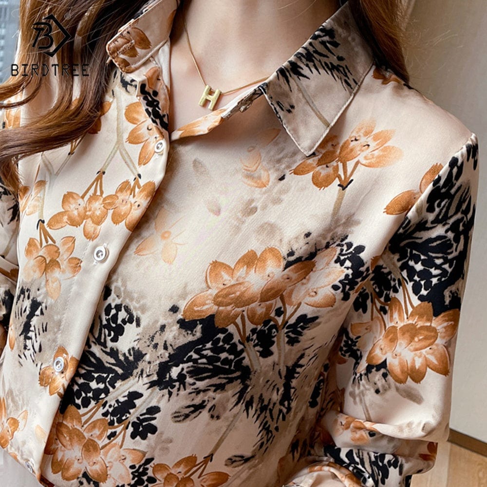 Fashion Ladies Long Sleeve Floral Printing Shirts Elegant Casual Blouses Office Chiffon Shirt Tops For Spring Autumn