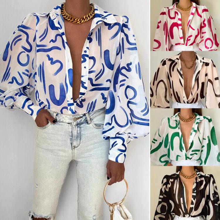 Fashion Lapel Single-breasted Loose Blouse Autumn Tulle Long Lantern Sleeve Shirts Women Elegant Print Tops Blouse