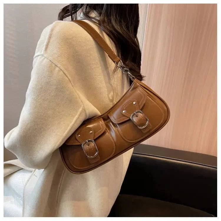Fashion Leather Shoulder Armpit Bag for Women 2024 Tend Female Simple Small Pocket Design Underarm Handbags and Purses