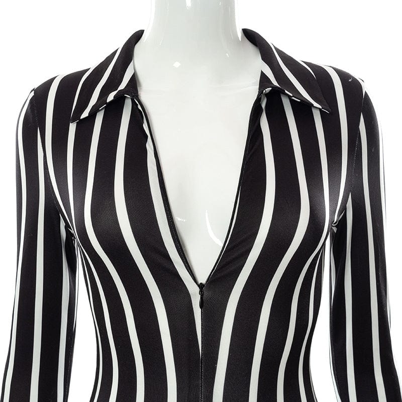 Fashion Long Sleeve Stripe Jumpsuit For Women Romper Skinny Contrast Zipper Bodycon One Piece Set