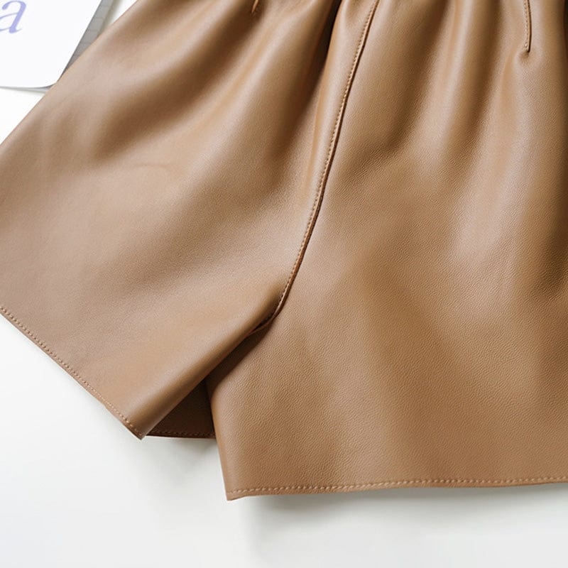 Fashion Loose Wide Leg Leather Shorts Women High Waist Genuine Leather Shorts