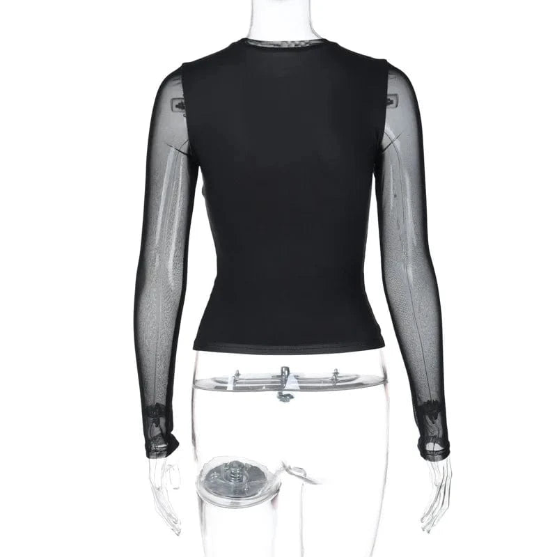 Fashion New Arrival Long Mesh Sleeve Bodycon Women's Clothing Tops Lady Streetwear Print Tops