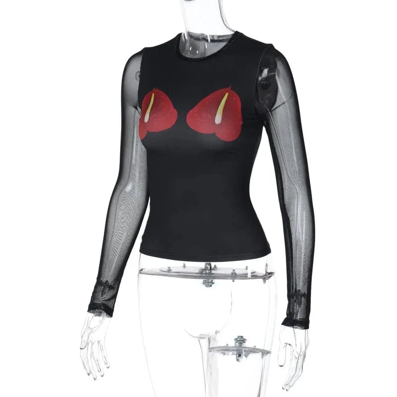 Fashion New Arrival Long Mesh Sleeve Bodycon Women's Clothing Tops Lady Streetwear Print Tops