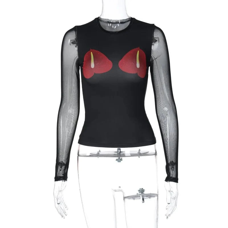 Fashion New Arrival Long Mesh Sleeve Bodycon Women's Clothing Tops Lady Streetwear Print Tops