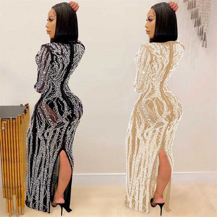 Fashion new plus size hot diamond sexy sling wrapped chest mesh perspective long evening dress