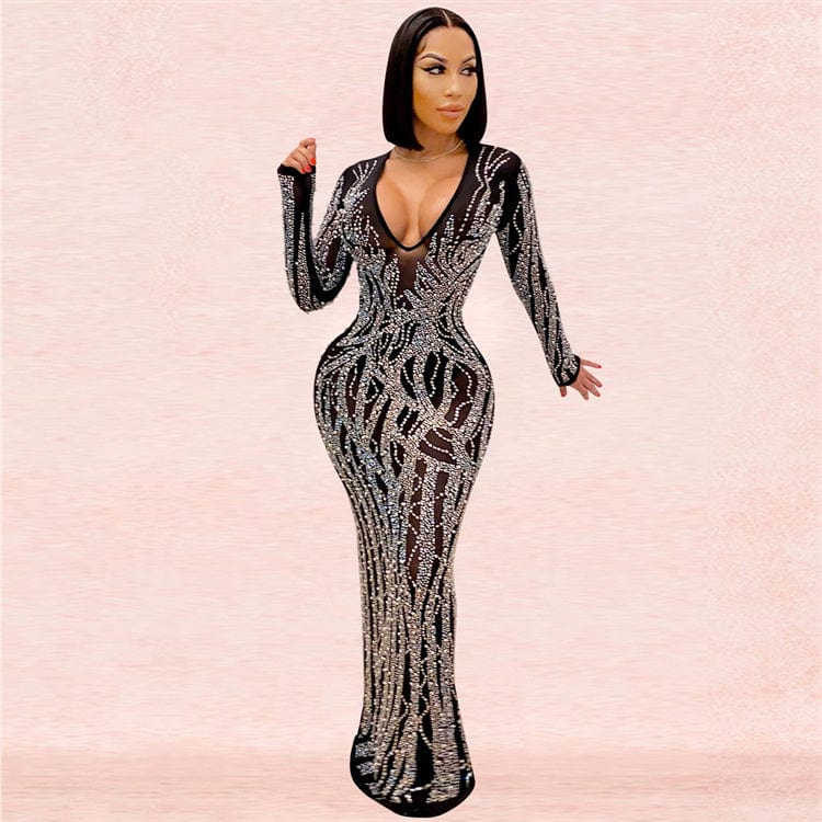 Fashion new plus size hot diamond sexy sling wrapped chest mesh perspective long evening dress