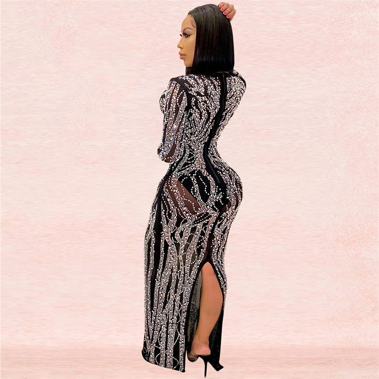 Fashion new plus size hot diamond sexy sling wrapped chest mesh perspective long evening dress