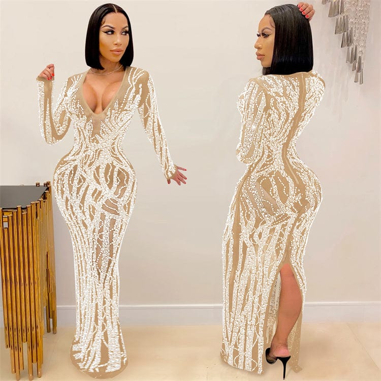 Fashion new plus size hot diamond sexy sling wrapped chest mesh perspective long evening dress