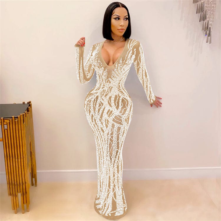 Fashion new plus size hot diamond sexy sling wrapped chest mesh perspective long evening dress