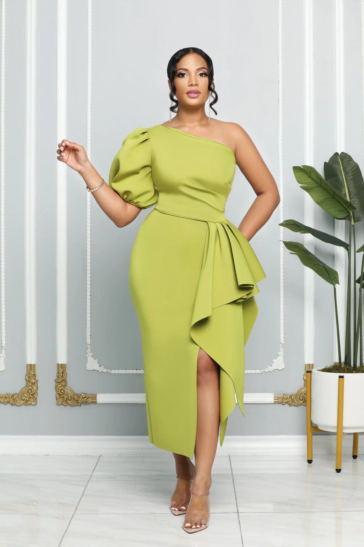 Fashion One Shoulder Bubble Sleeve Slim-Fit Women's Dress