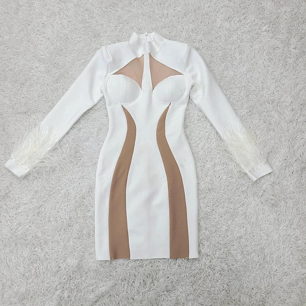 Fashion Party Clothing Celebrity Elegant Long Sleeve Evening White Feathers Women Party Dress
