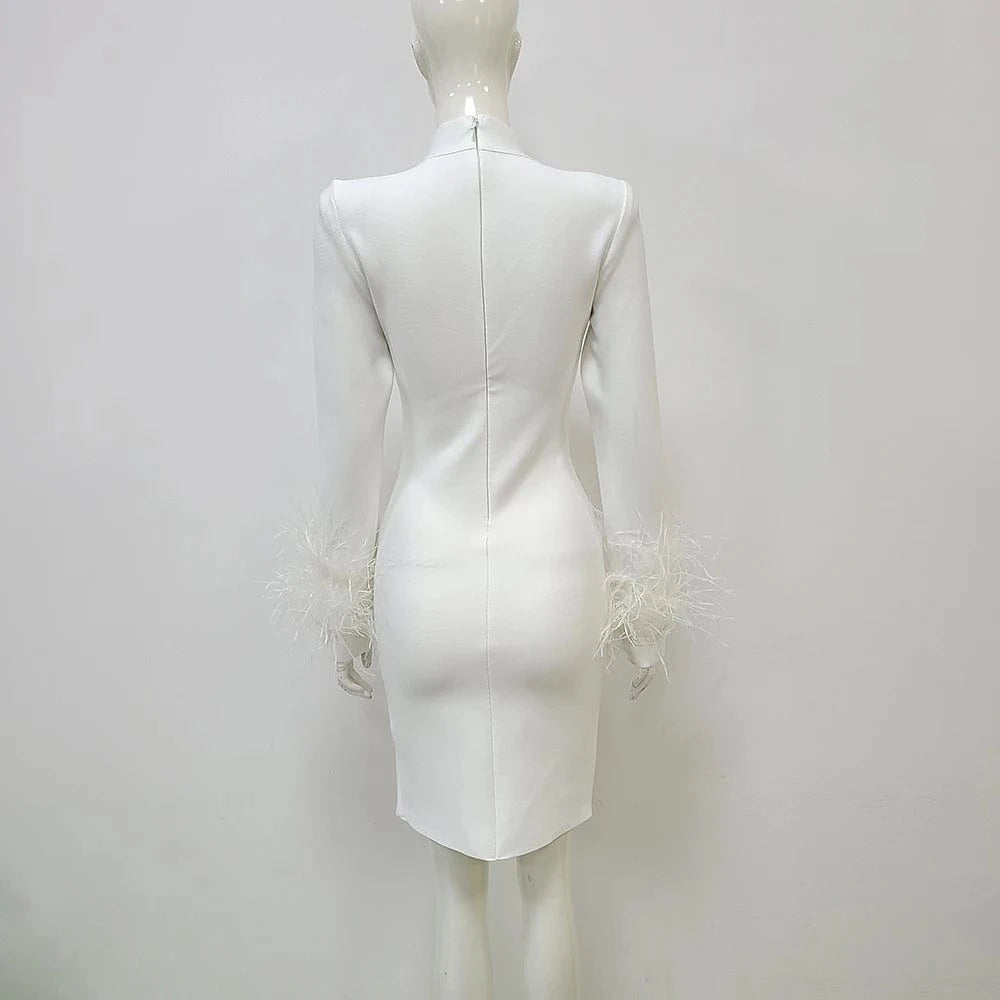 Fashion Party Clothing Celebrity Elegant Long Sleeve Evening White Feathers Women Party Dress