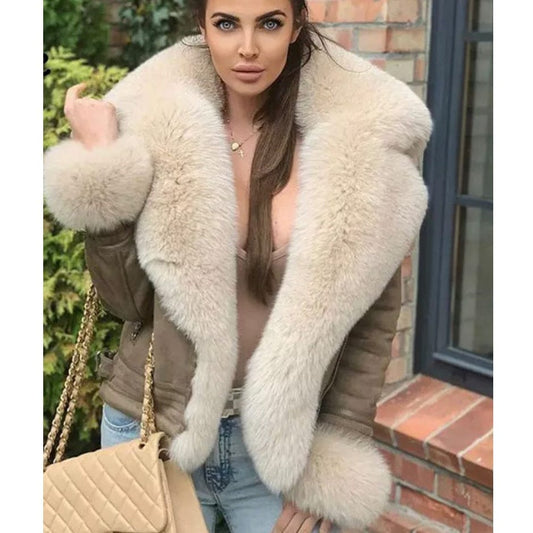 Fashion Plus Size Winter Jackets Women Leather Fox Fur Coat Genuine Leather Jacket with Fur