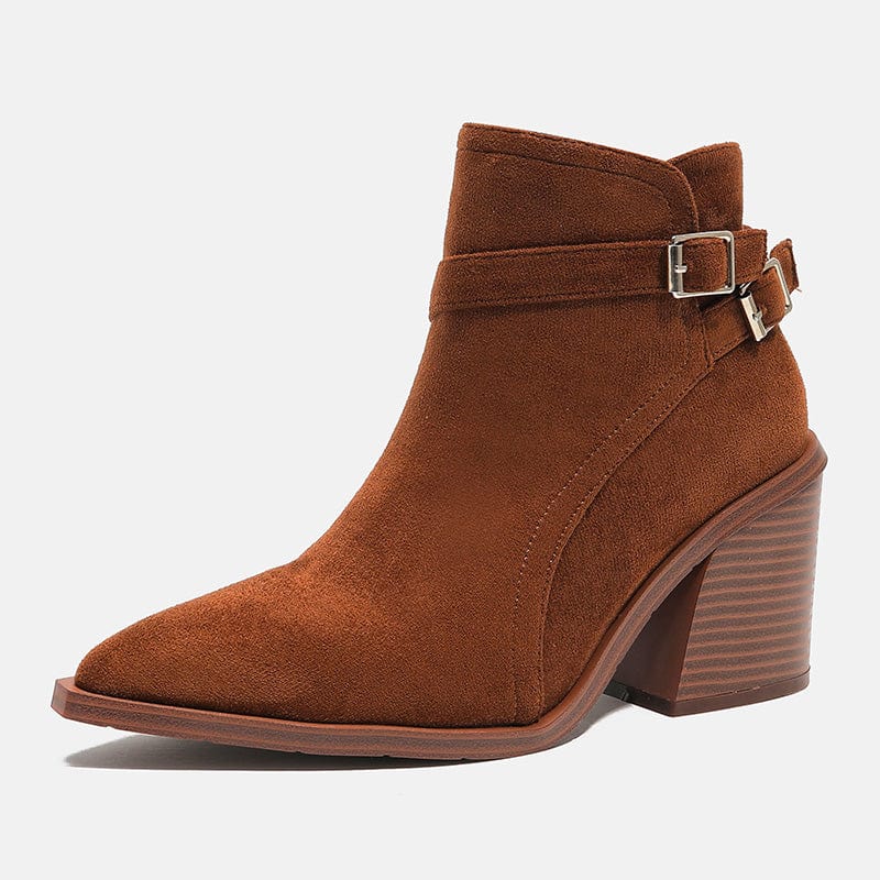 Fashion Pointed Toe High Heel 2022 Flock Heels Buckle Strap Decoration Side Zippers Ankle Chelsea Boots 36-43 Shoes For Women