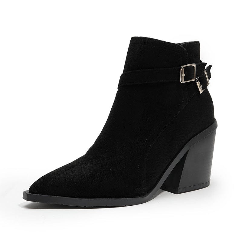 Fashion Pointed Toe High Heel 2022 Flock Heels Buckle Strap Decoration Side Zippers Ankle Chelsea Boots 36-43 Shoes For Women