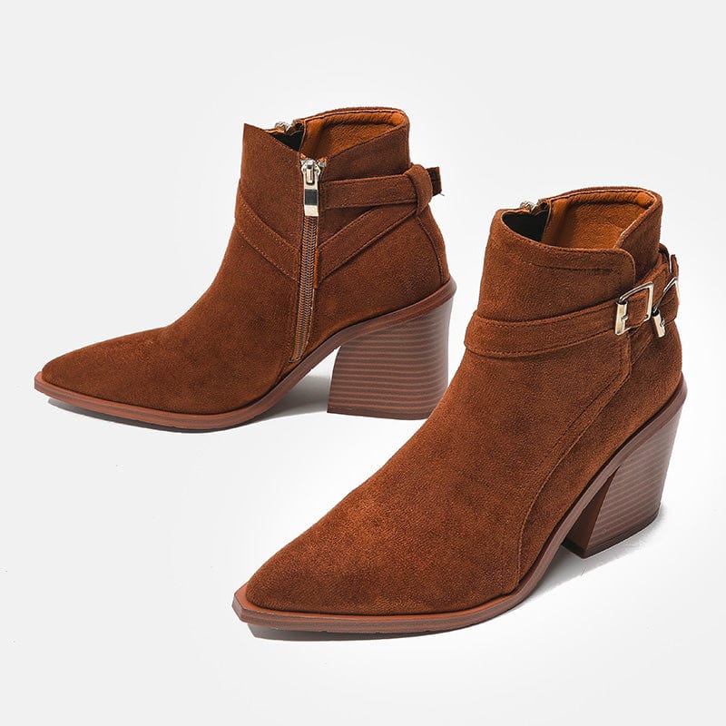 Fashion Pointed Toe High Heel 2022 Flock Heels Buckle Strap Decoration Side Zippers Ankle Chelsea Boots 36-43 Shoes For Women