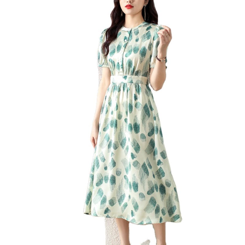 Fashion printing dress small waist slim temperament green printing high-end 2022 summer new TA8598059