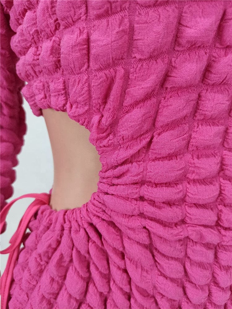 Fashion Puff Fabric Mini Bodycon Dress for Nightclub Hollow Out Drawstring Long Sleeves Round Neck Stretchy Party Dresses