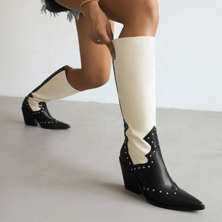 Fashion Rivets Pointed Toe Color Matching Western Boots Chunky Midi Heel Slip-on High Quality Handmade Knee High Cowboy Boots