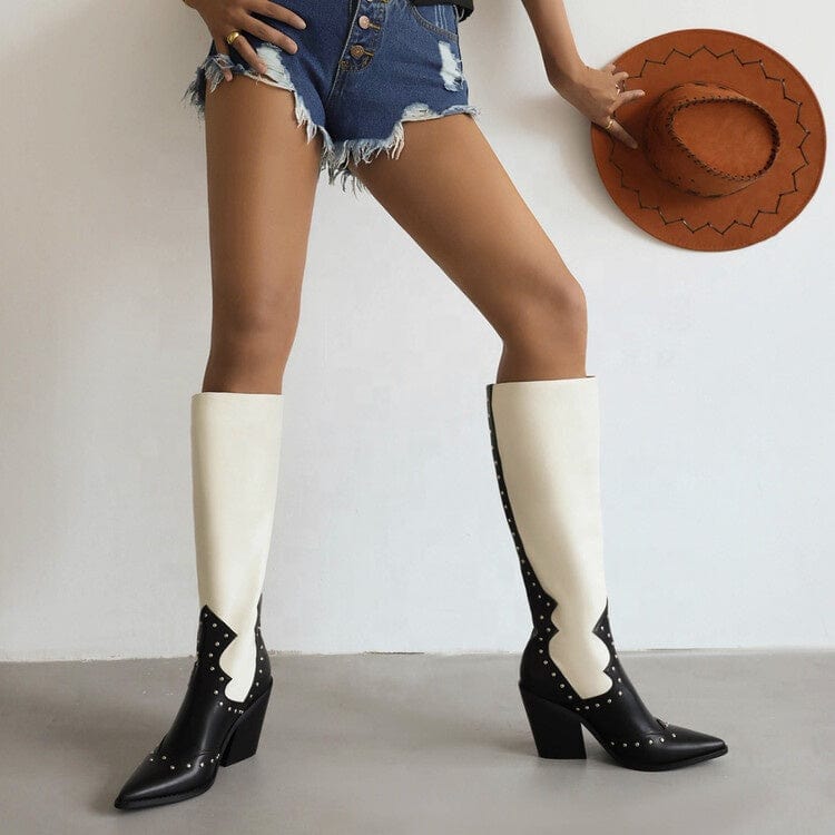 Fashion Rivets Pointed Toe Color Matching Western Boots Chunky Midi Heel Slip-on High Quality Handmade Knee High Cowboy Boots