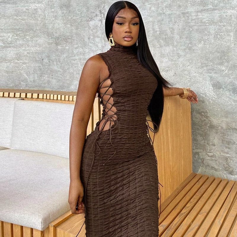 Fashion Round Neck Sleeveless Sexy Short Skirt Side Tie Hollow Long Dress women Slim Hips Bodycon Dress