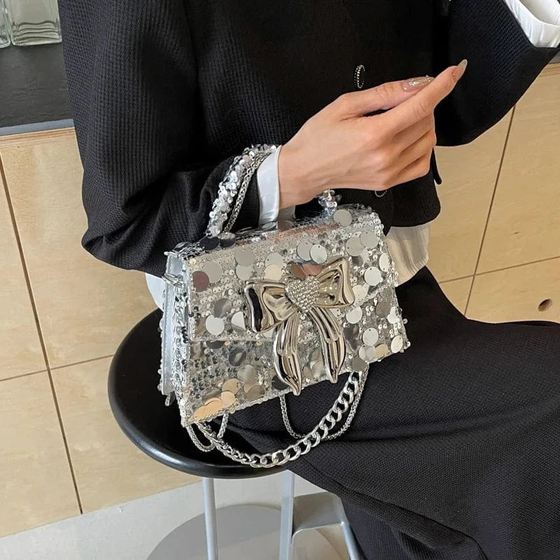 Fashion Silver Rhinestone Bow Handbags Women New Elegant Boutique Glittering Sequin Crossbody Bags Ladies Purse High Quality