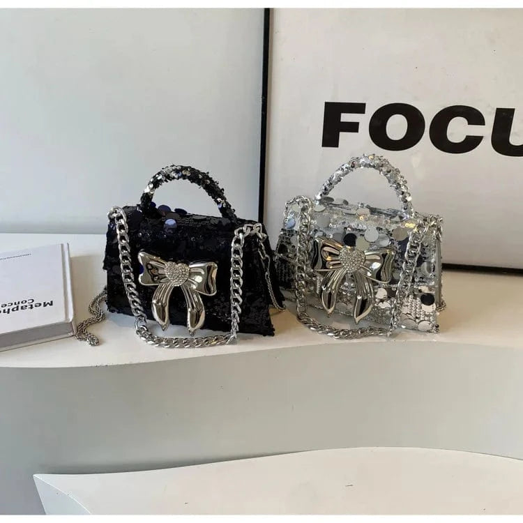 Fashion Silver Rhinestone Bow Handbags Women New Elegant Boutique Glittering Sequin Crossbody Bags Ladies Purse High Quality