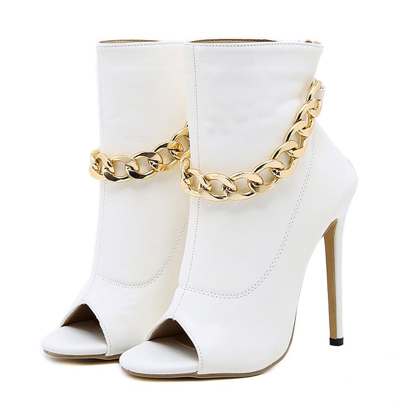 Fashion Summer New 2022 Zippers Metal Chain White Peep Toe Thin High Heel Ankle Decoration Boots Shoes 35-42 Women's Sandals