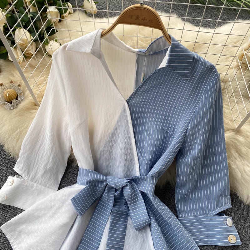 Fashion Tops Women Retro Striped Shirt Women's Ladies Blouses Design Sense Small Irregular Lotus Leaf Swing Lace Slim Shirt