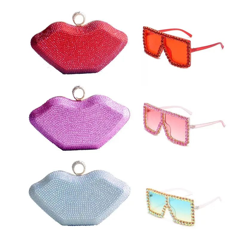 Fashion Woman Hand Bags Wedding Diamond Clutch Woman Evening Bags Bling Lip Shape Rhinestones Purses And Sunglasses Set