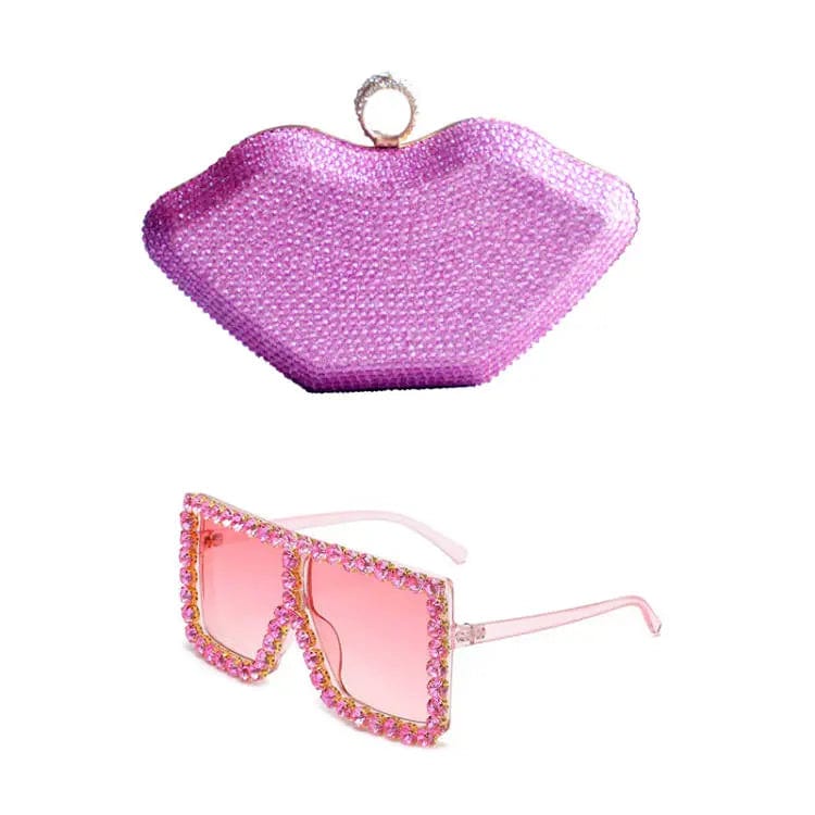 Fashion Woman Hand Bags Wedding Diamond Clutch Woman Evening Bags Bling Lip Shape Rhinestones Purses And Sunglasses Set