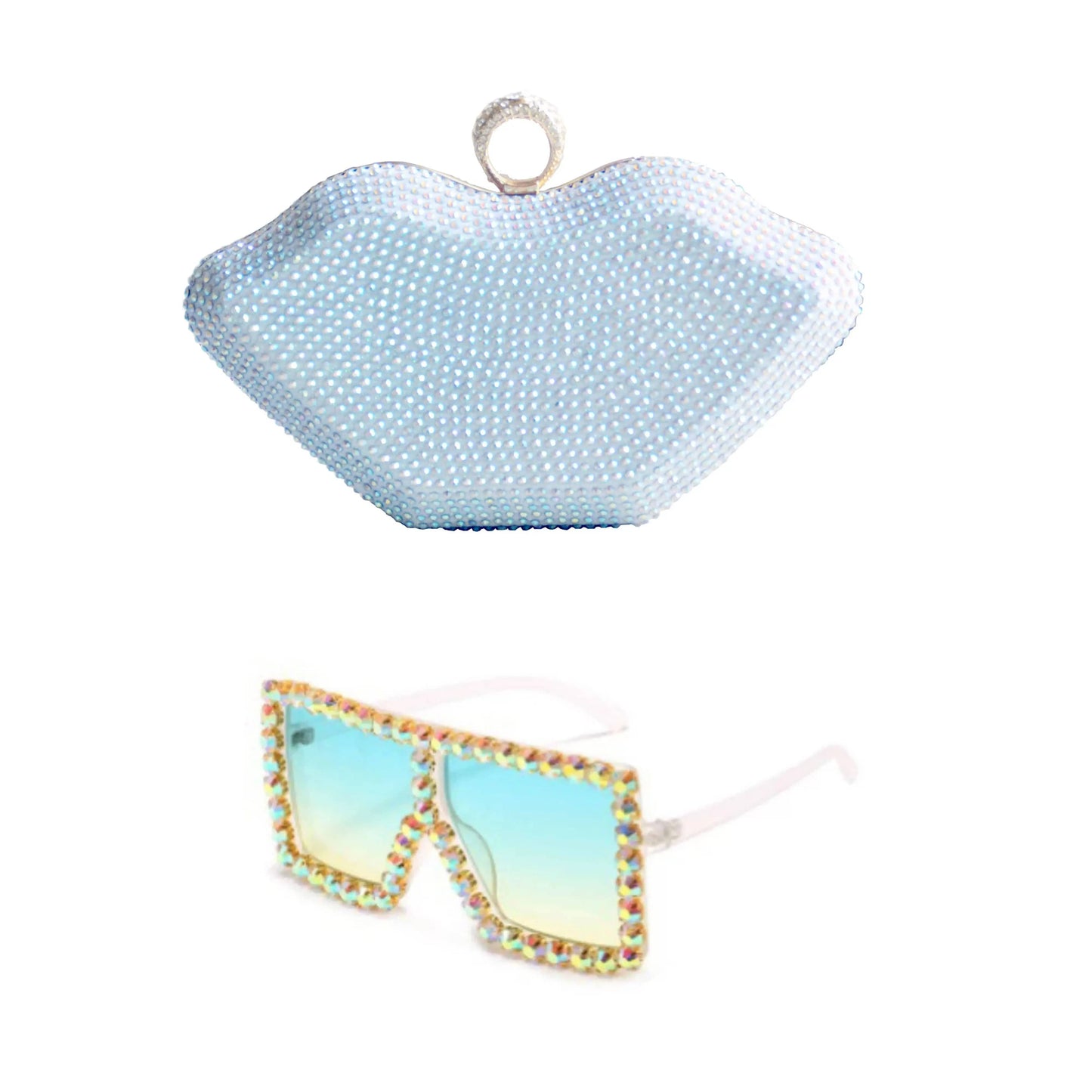 Fashion Woman Hand Bags Wedding Diamond Clutch Woman Evening Bags Bling Lip Shape Rhinestones Purses And Sunglasses Set