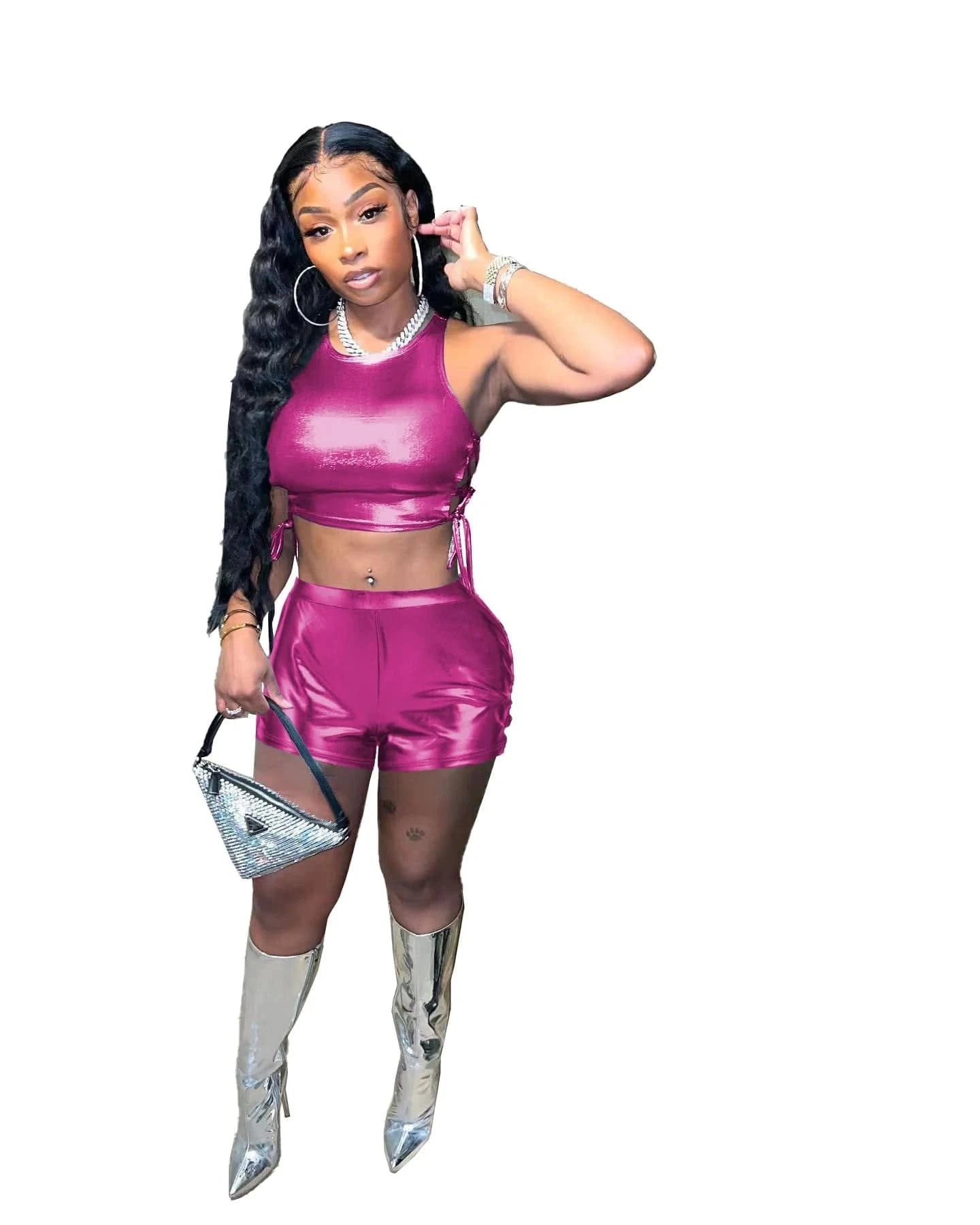 fashion women clothing 2023 summer matching two piece  Strap Hollowed Out Top and shorts set