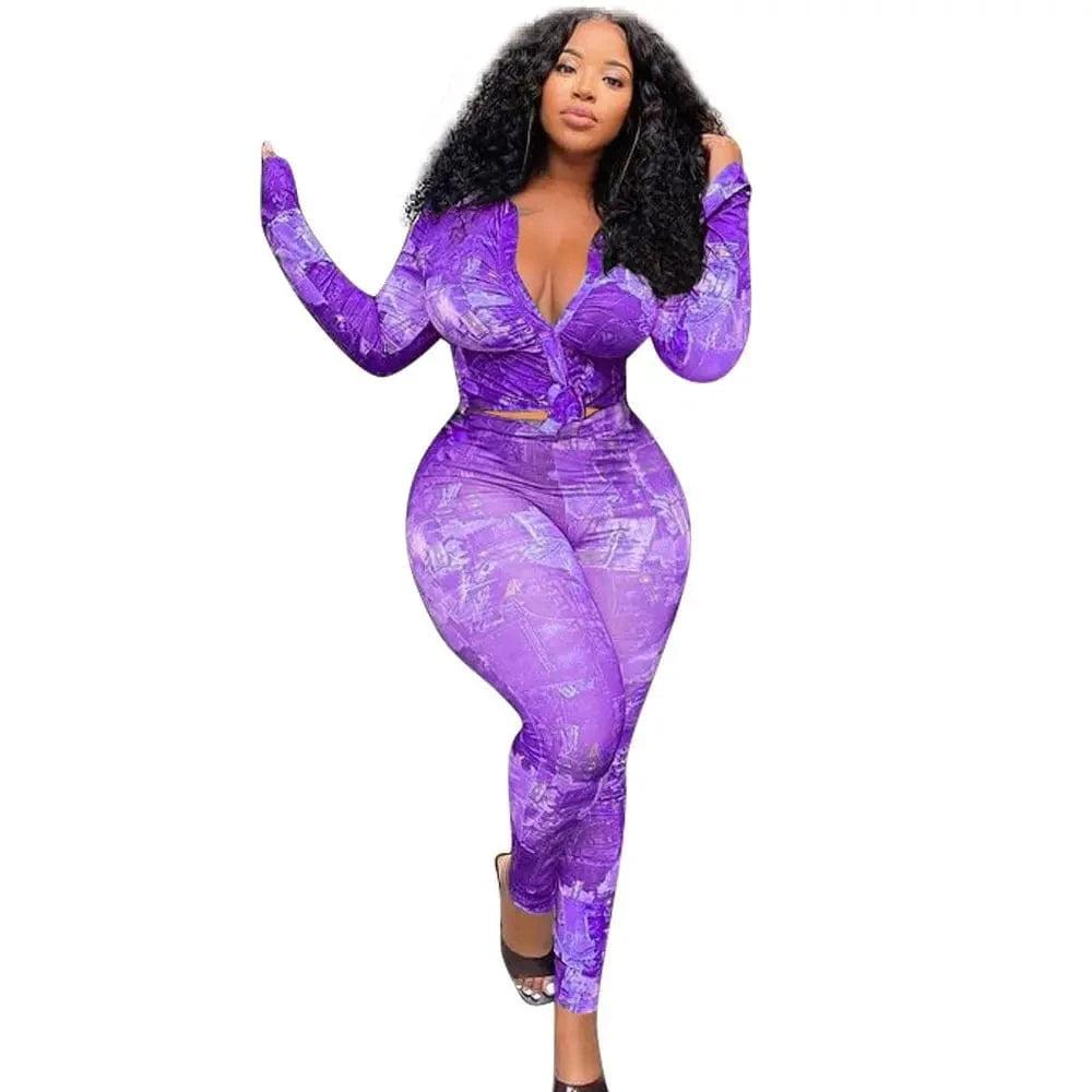 Fashion Women Clothing Plus Size XL-5XL 2 Piece Set Women Skinny Printing  V-neck Two Piece Pants Shirt Set for Ladies