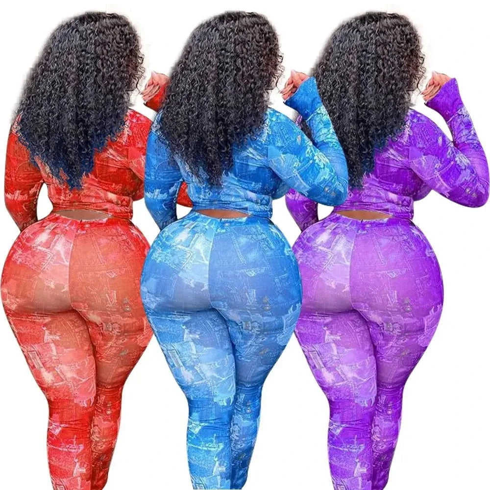 Fashion Women Clothing Plus Size XL-5XL 2 Piece Set Women Skinny Printing  V-neck Two Piece Pants Shirt Set for Ladies