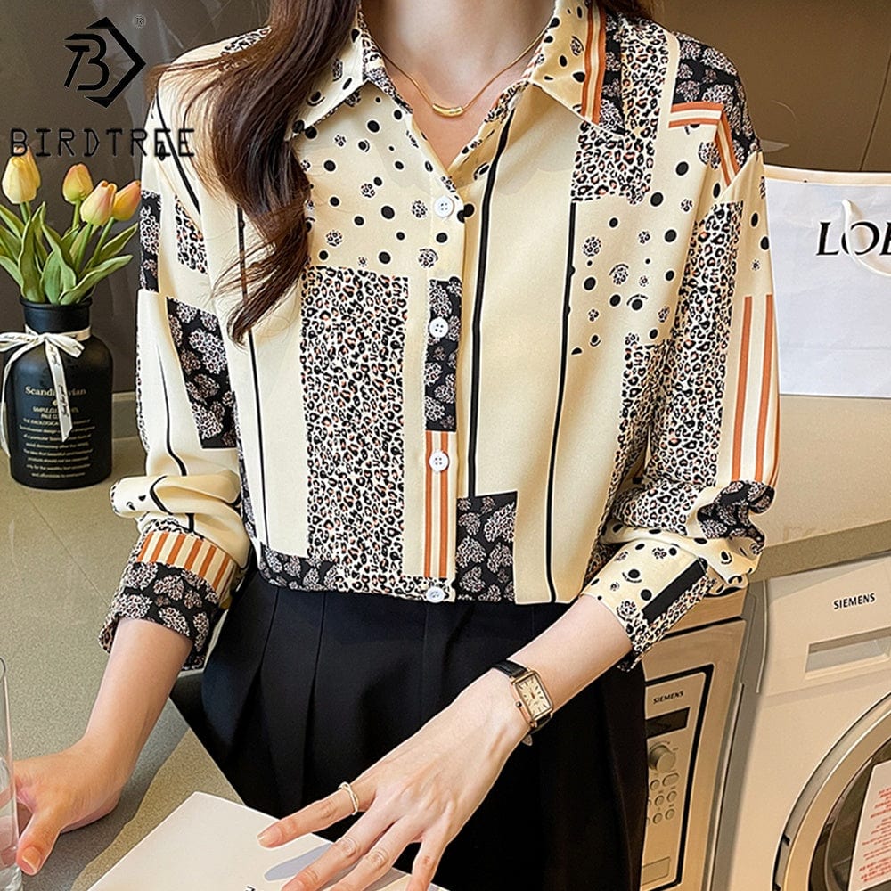 Fashion Women Leopard Printed Autumn Summer Button Up Long Sleeves Female Clothes Blouses Shirt All Match Basic Tops T27620X