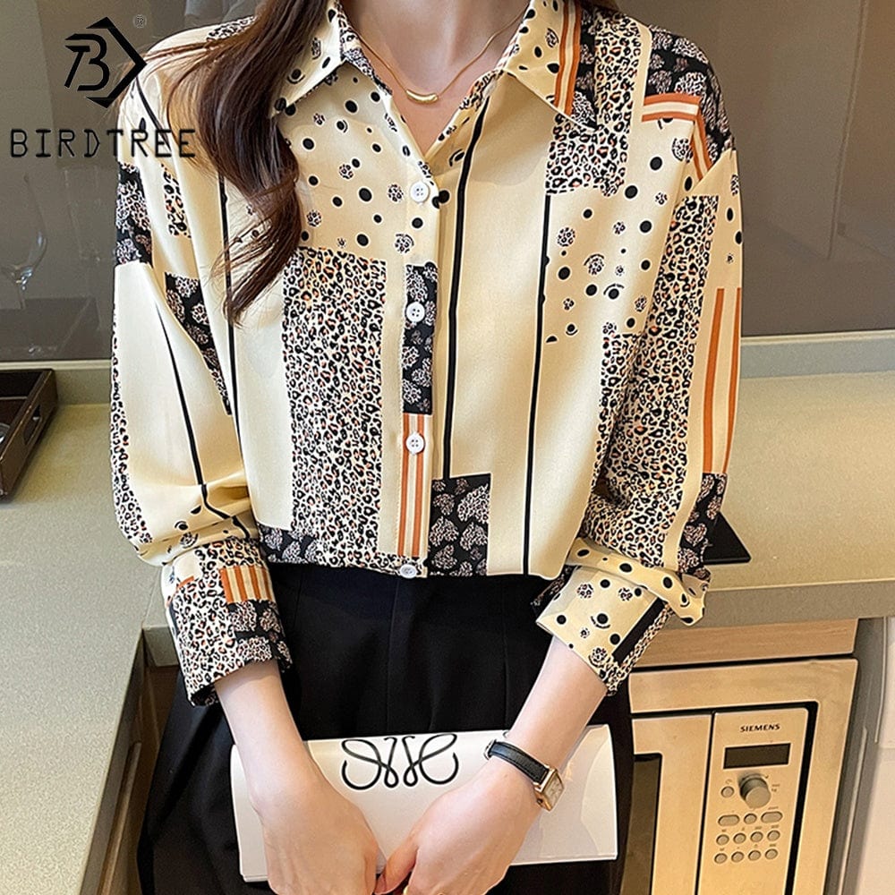 Fashion Women Leopard Printed Autumn Summer Button Up Long Sleeves Female Clothes Blouses Shirt All Match Basic Tops T27620X