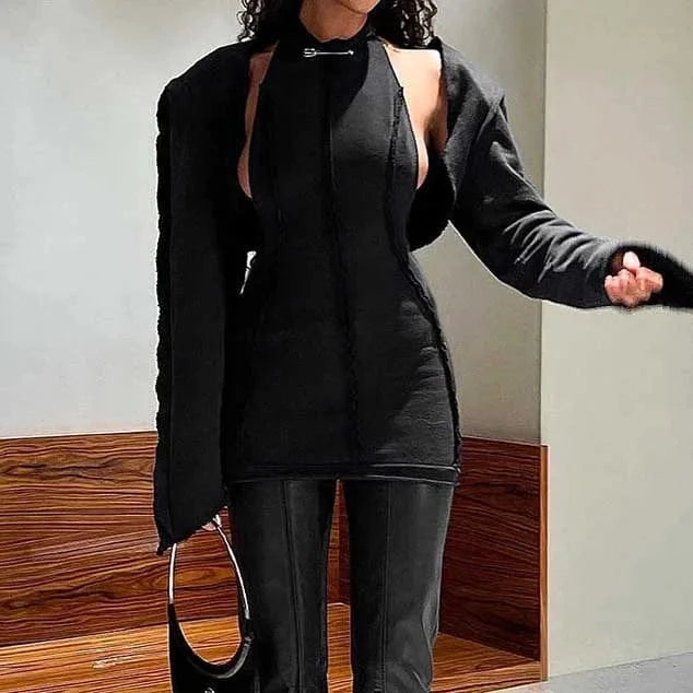 Fashion Women Long Sleeve Three Dimensional Stripe Solid color Mini Sexy Women Clothing Party Dress