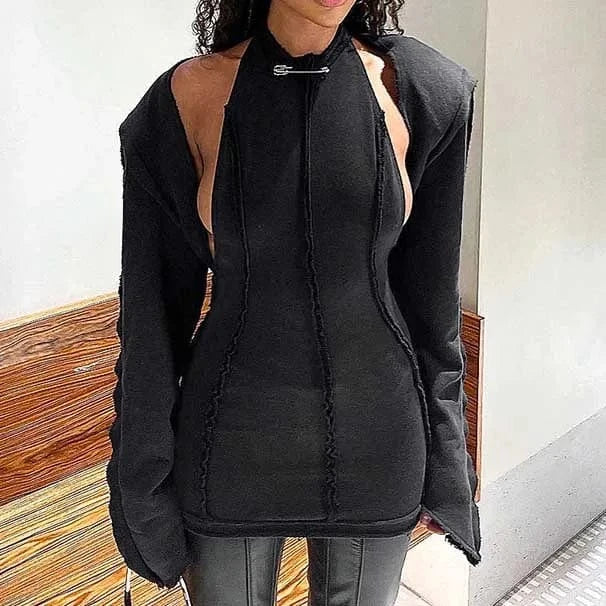 Fashion Women Long Sleeve Three Dimensional Stripe Solid color Mini Sexy Women Clothing Party Dress