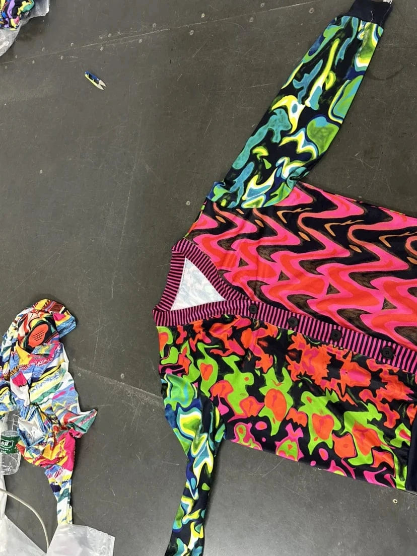 Fashion Women Long Sleeve V-neck Color Collision Lady Streetwear Print Loose Long Cardigan