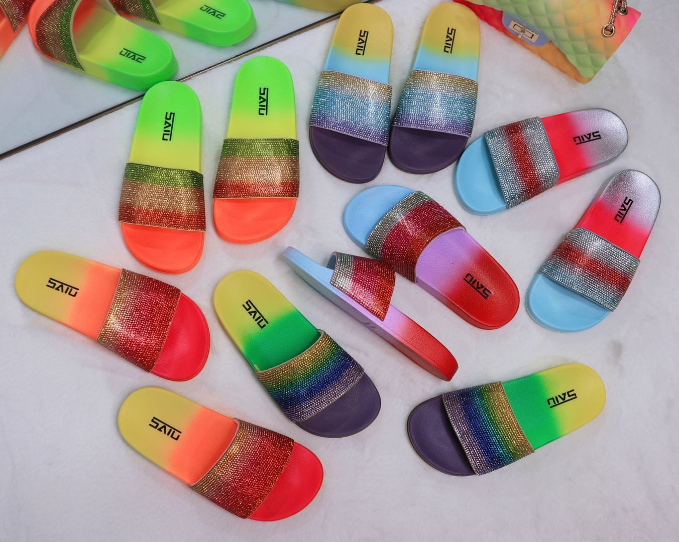 Fashion women shining Diamond sandals gradient colors slides slippers
