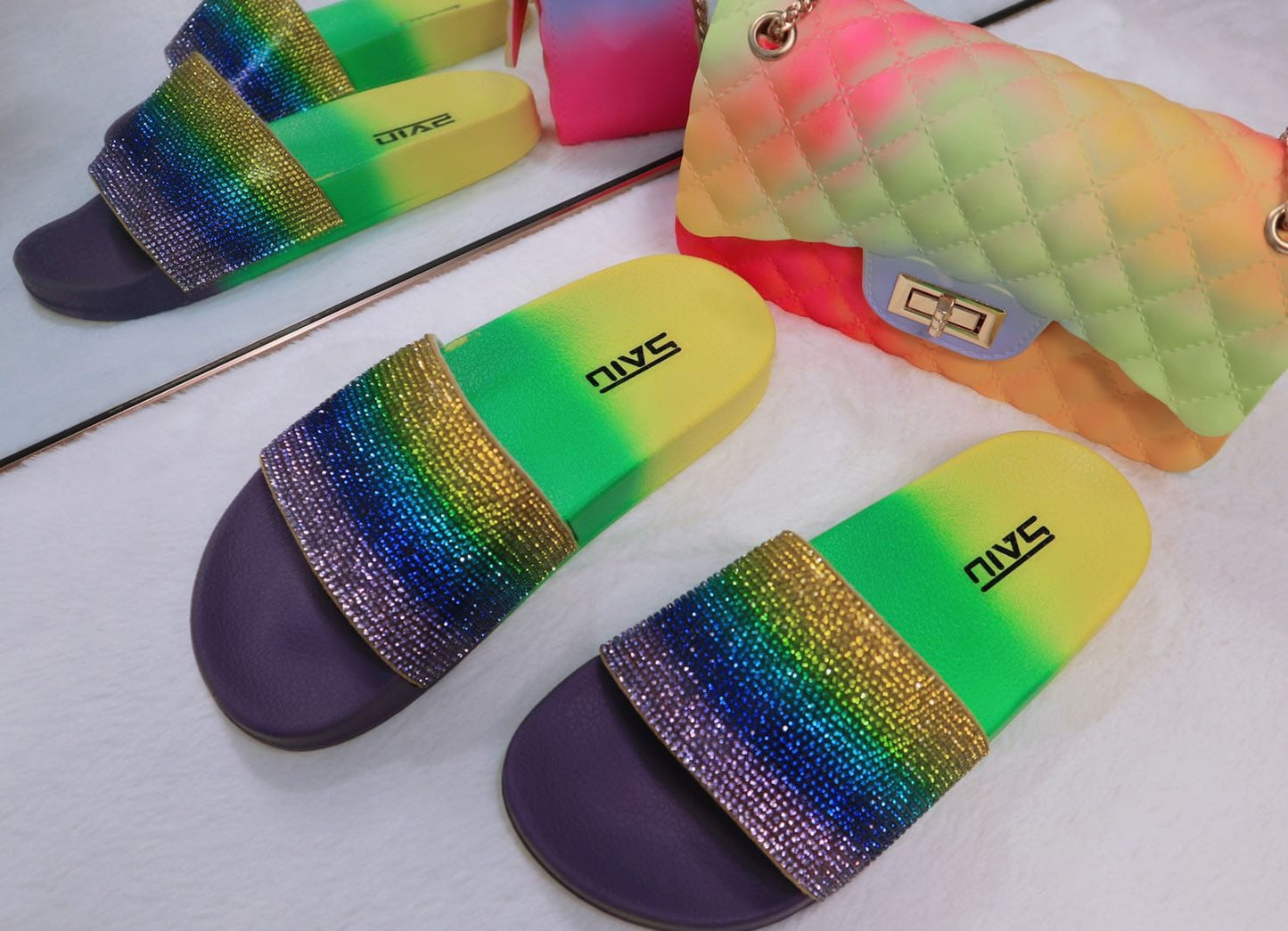 Fashion women shining Diamond sandals gradient colors slides slippers
