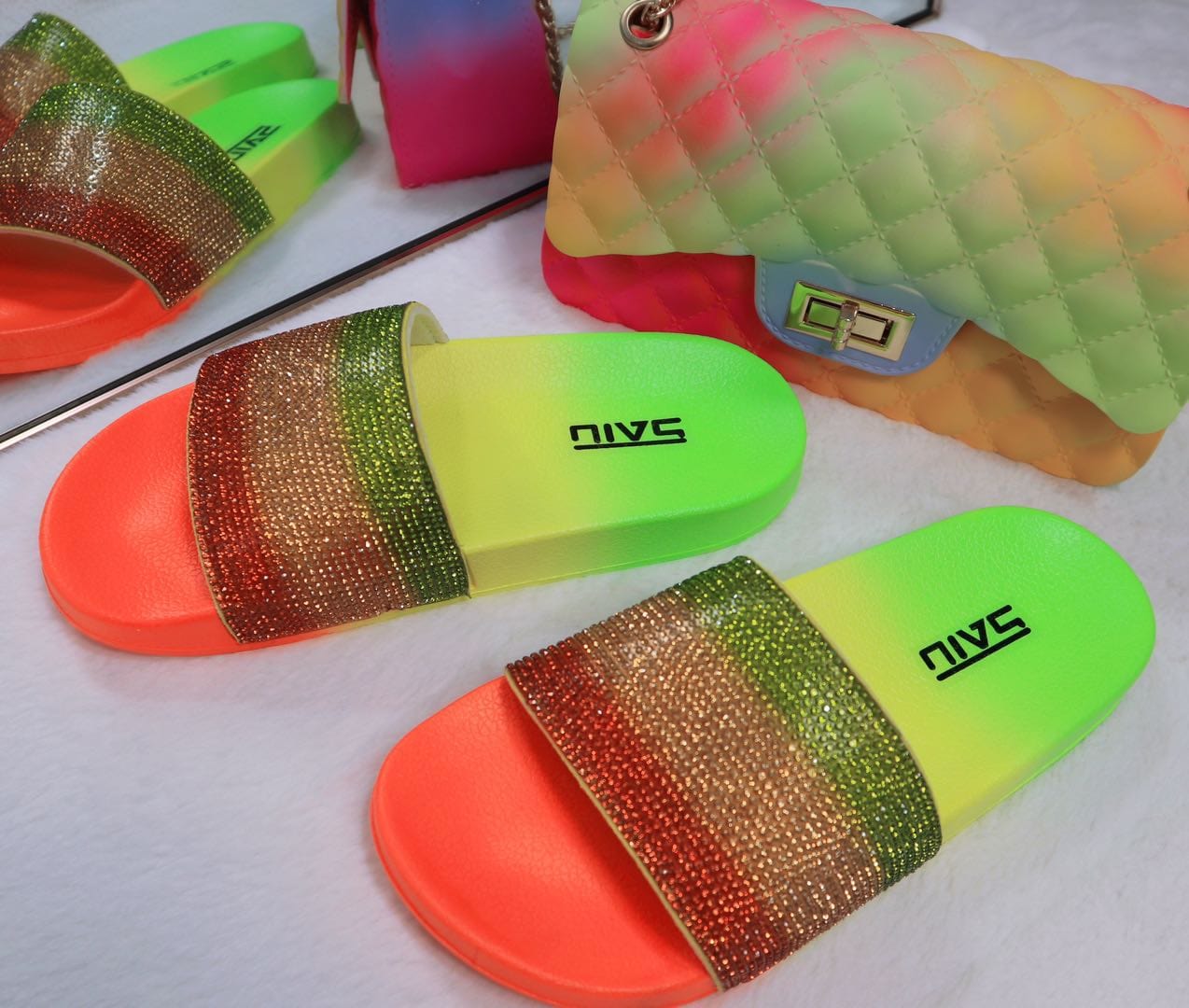 Fashion women shining Diamond sandals gradient colors slides slippers
