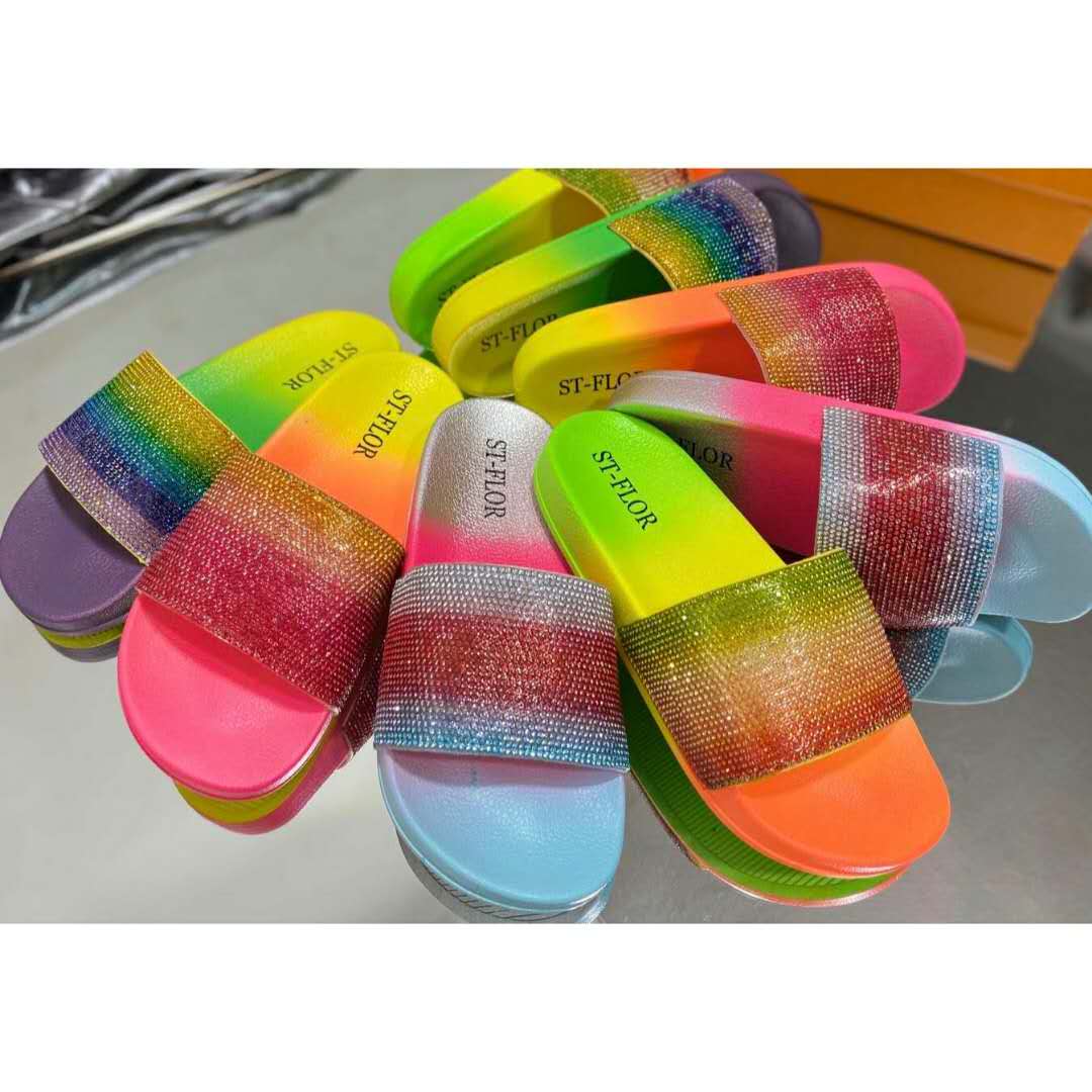 Fashion women shining Diamond sandals gradient colors slides slippers