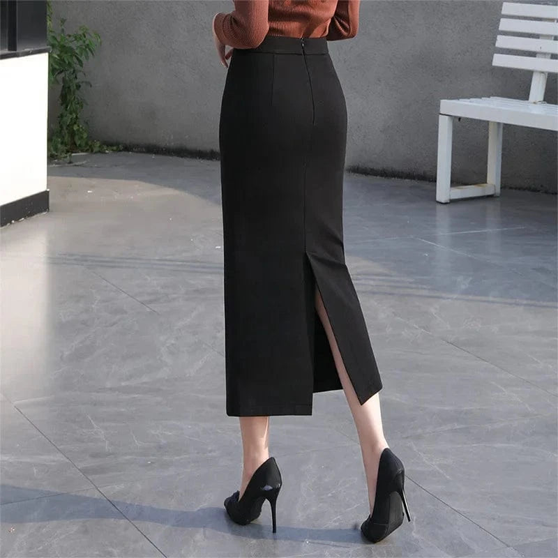 Fashion Women Spring Autumn New Slit Wrap Hip Skirt Elastic Solid Color Office One-step Skirt Suit Long Casual Skirt
