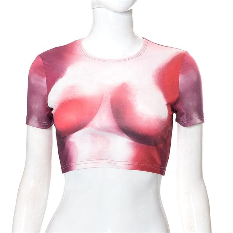 Fashion Women Tie Dye Print O Neck Short Sleeves Crop Top T Shirt Sexy Slim Cyber Casual Club Tee Shirts