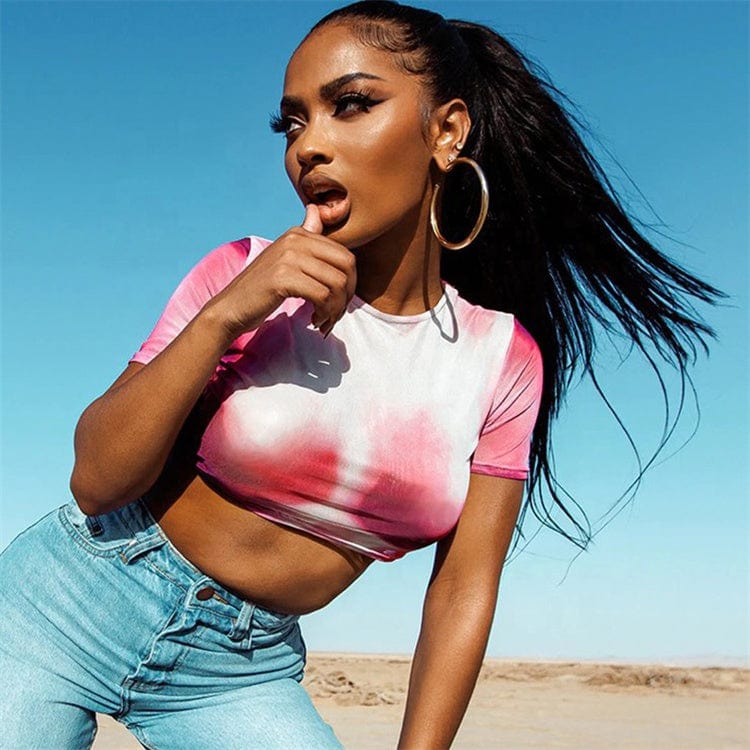 Fashion Women Tie Dye Print O Neck Short Sleeves Crop Top T Shirt Sexy Slim Cyber Casual Club Tee Shirts